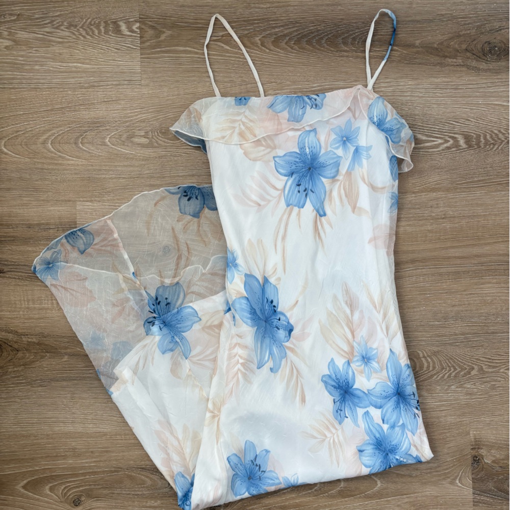 Vintage 90s IZ Byer California Blue White Floral Asymmetrical Sleeveless Dress